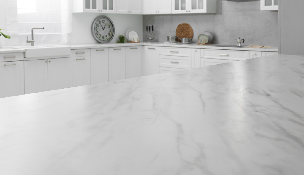 White marble countertops with minimal light gray veins