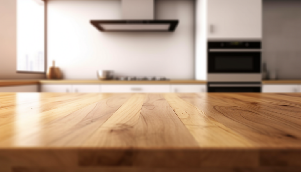 Close-up of wood countertop in a kitchen