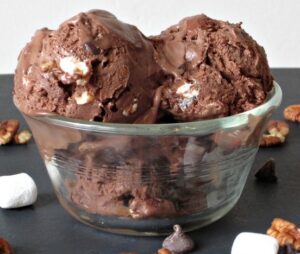 Glass bowl of chocolate ice cream