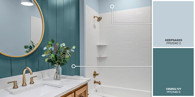 Bathroom showcasing vining ivy wall color and keepsakes wall color.