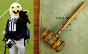 Eagle mascot on the left on a football field and a gavel on the right