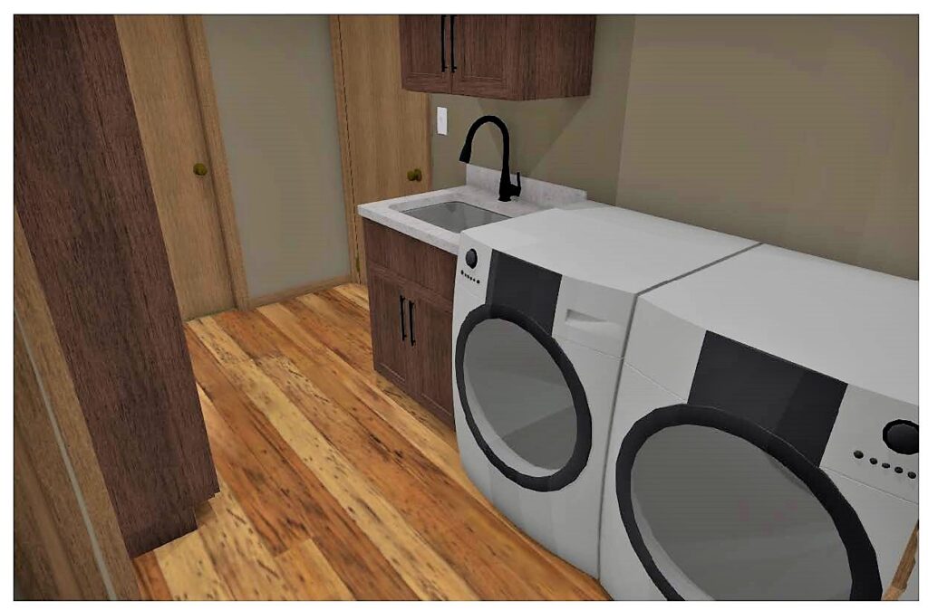 Rendered design of laundry room remodel with side-by-side washer and dryer, wood floor, small sink and cabinet area.