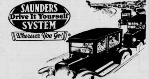Old advertisement, black and white, with image of old-fashioned buggies and logo for "Saunders Do It Yourself System. Wherever You Go!"